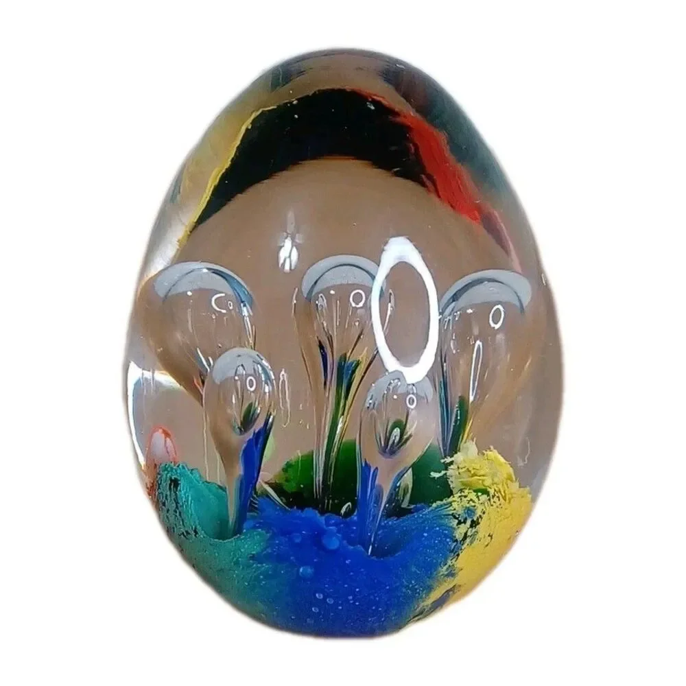 Hand Blown Art Glass Paperweight Controlled Bubbles Blue Multicolor Polished 3”
